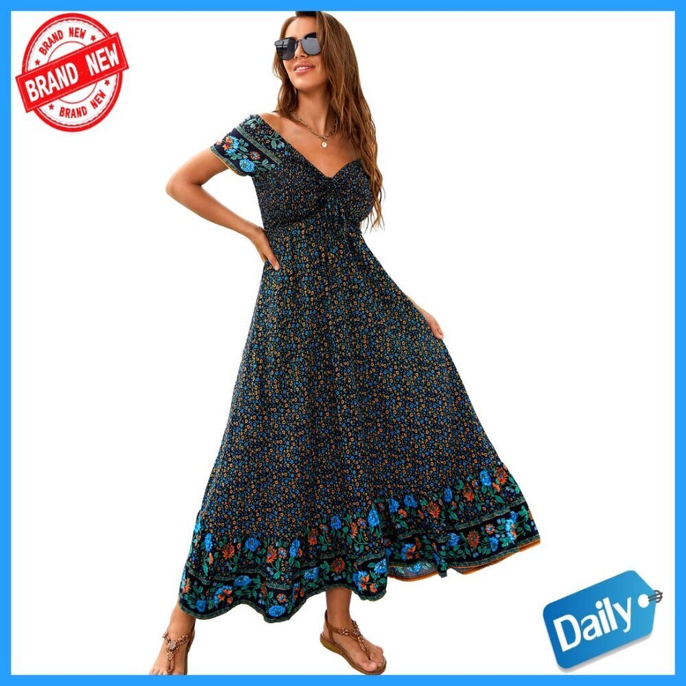 Rayon Maxi Dress with Elastic Neckline, Flowy A-Line Boho Style
